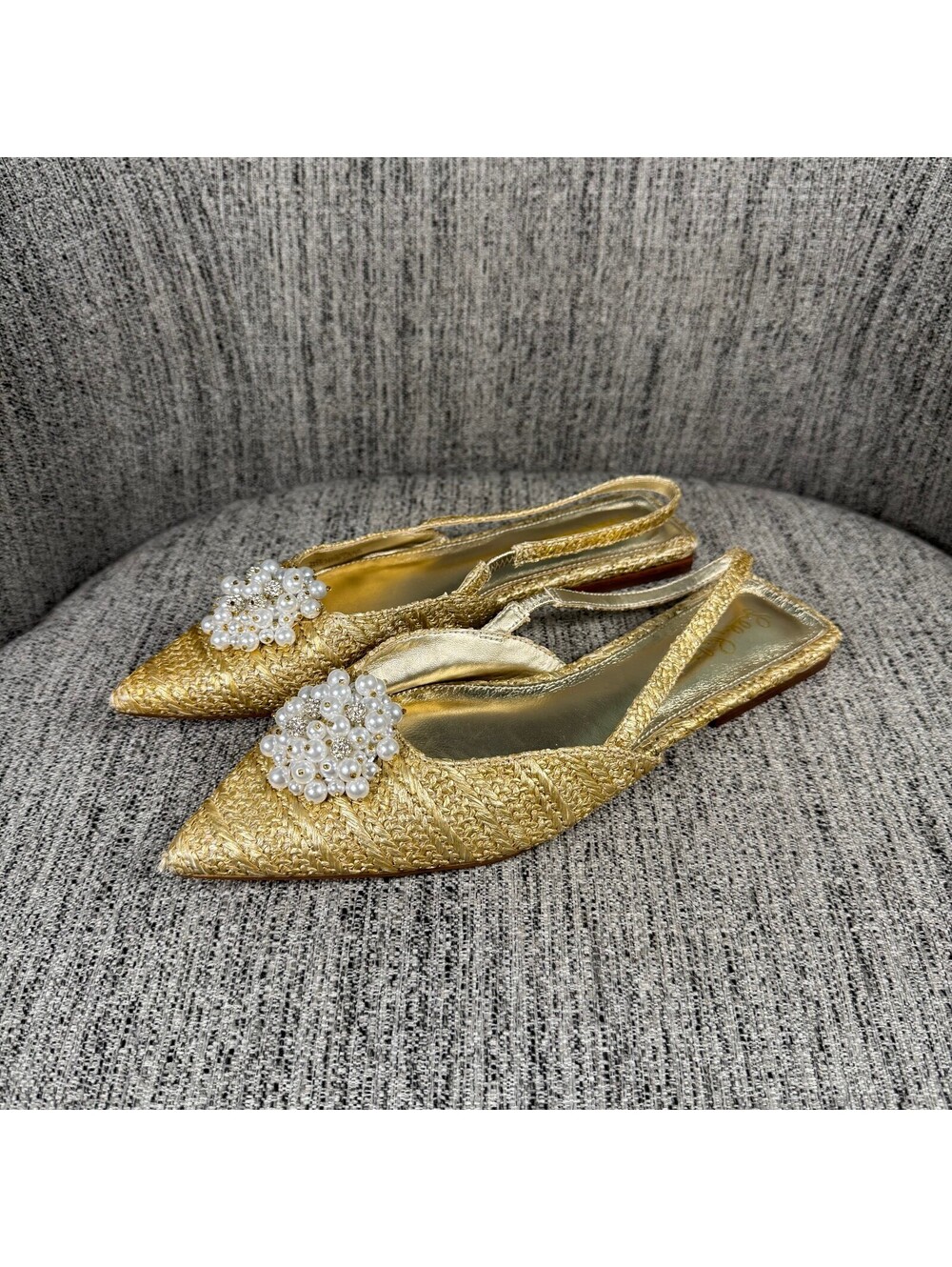 Lilly Pulitzer Brit Gold Raffia Pearl Embellished Slingback Flats Womens 8.5